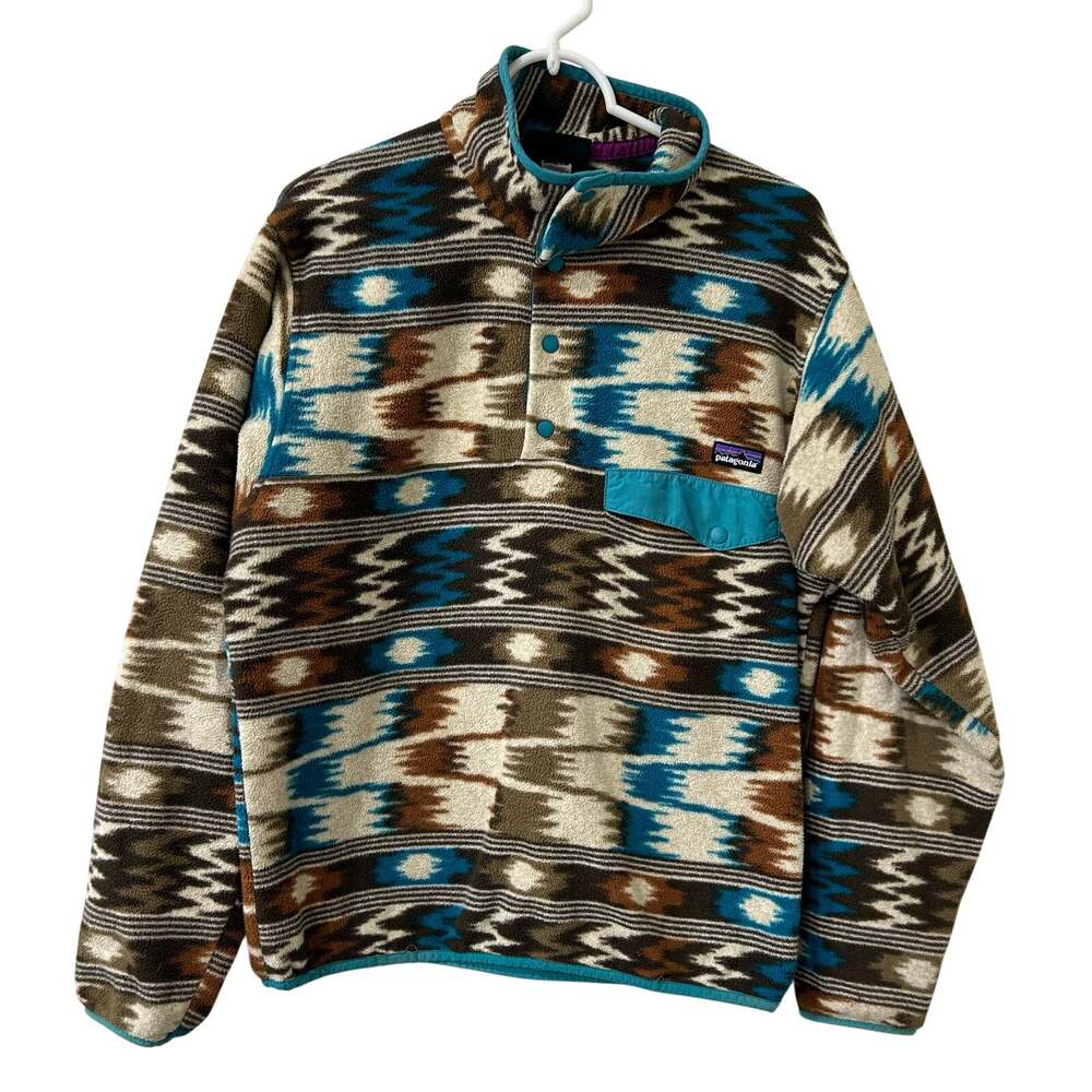 Patagonia Mens Sz Small Brown Blue Aztec Synchilla T Snap Pullover Southwestern
